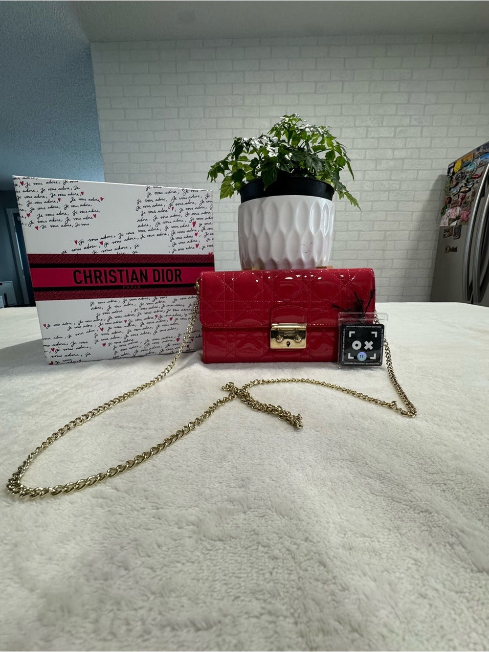 Dior Quilted Patent Clutch in Bright Red with Gold-Tone Lock on Chain(Authentic)